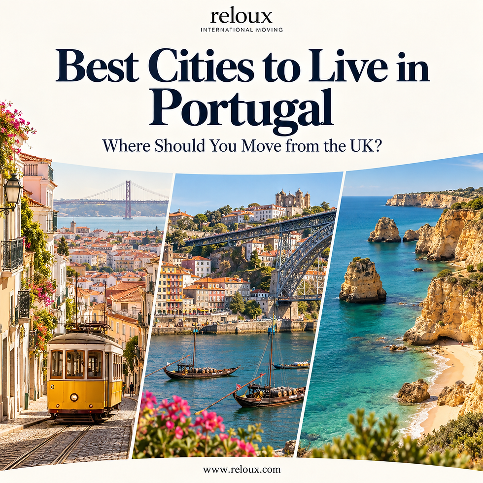 Reloux ad for Best Cities to Live in Portugal, with Lisbon tram, Porto bridge, and Algarve cliffs over blue sea.