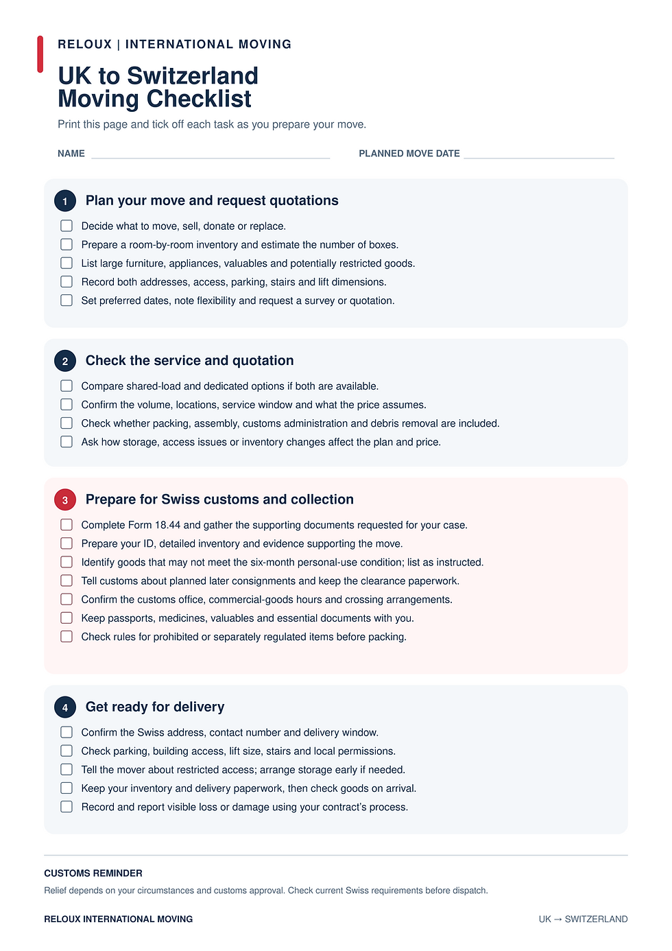 UK to Switzerland Moving Checklist infographic with four numbered sections and checkboxes, white and blue layout with red accents.