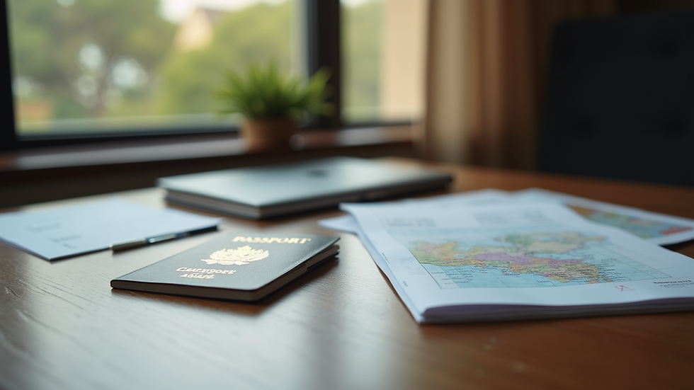 Eye-level view of a passport and travel documents on a table