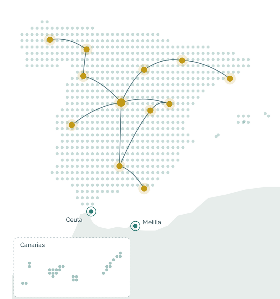 Mapa de España con puntos y conexiones en verde y amarillo, fondo claro
