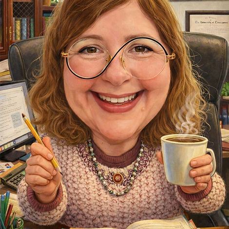 Caricature of a smiling woman in the Office of the Dean.