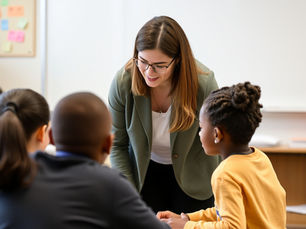 A teacher teaching three young students.