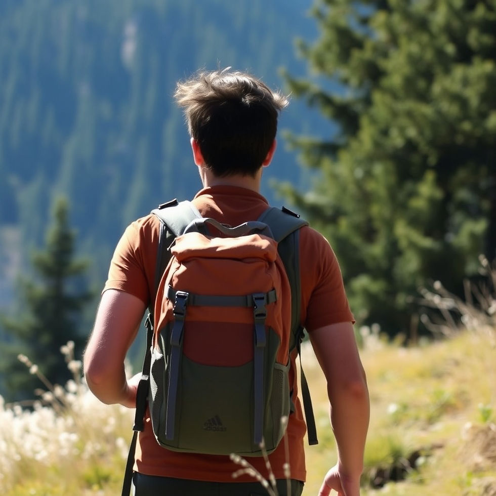 A young man wearing a red t-shirt and red backpack hikes towards the woods.