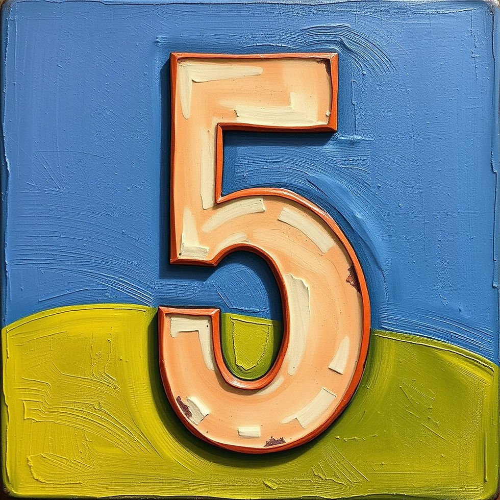 A red number 5. The background has blue on the top and yellow on the bottom in a wavy pattern.