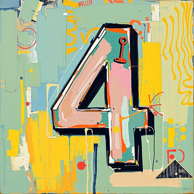 A mostly pink number 4 with some other colors as paint swatches. The background is abstract with square and squiggle shapes.