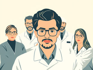 A cartoon drawing of a group of researchers facing forward.