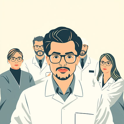 A cartoon drawing of a group of researchers facing forward.
