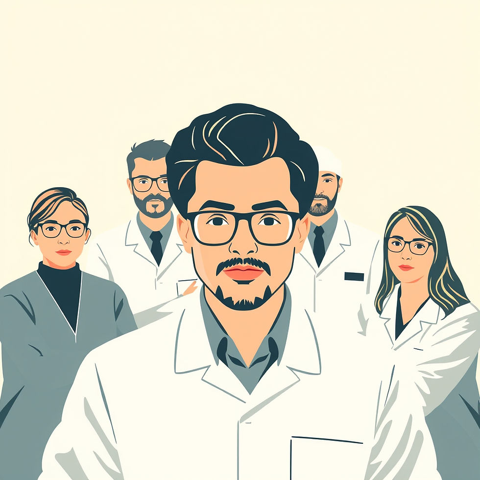 A cartoon drawing of a group of researchers facing forward.