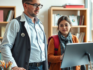 A college student and teacher working together on the library computer.