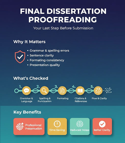 The infographic is called "Final Dissertation Proofreading". It discusses reasons for proofreading and the benefits.
