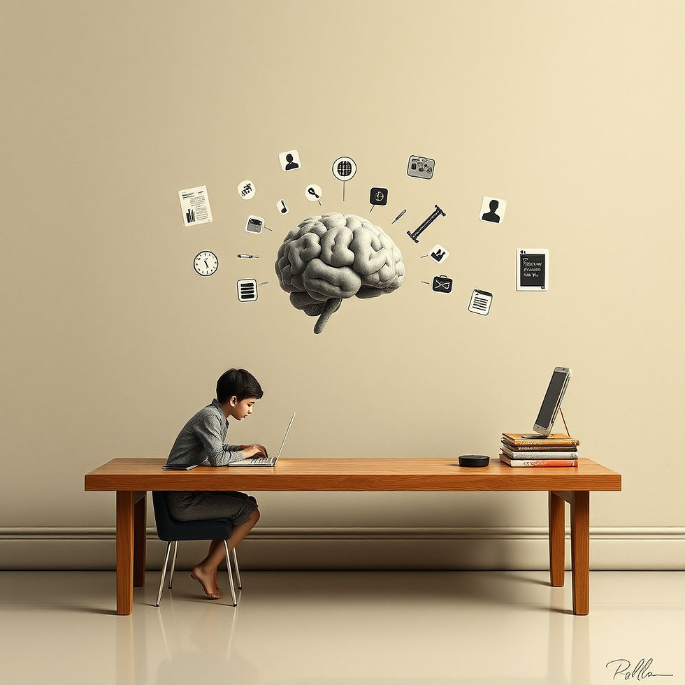 A student studying at a table with a brain icon over him.