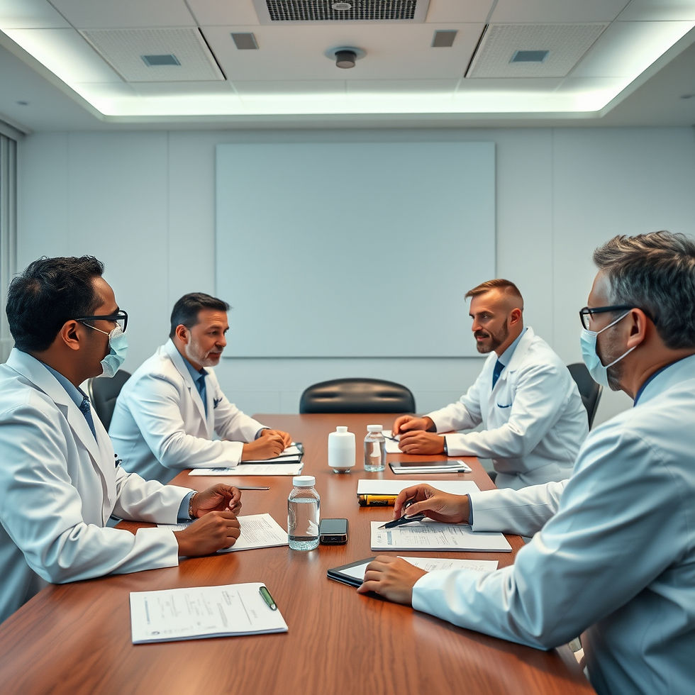 Four men in lab coats sitting around a board table in an office with white walls.