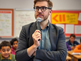 A teacher thinking in front of a microphone.