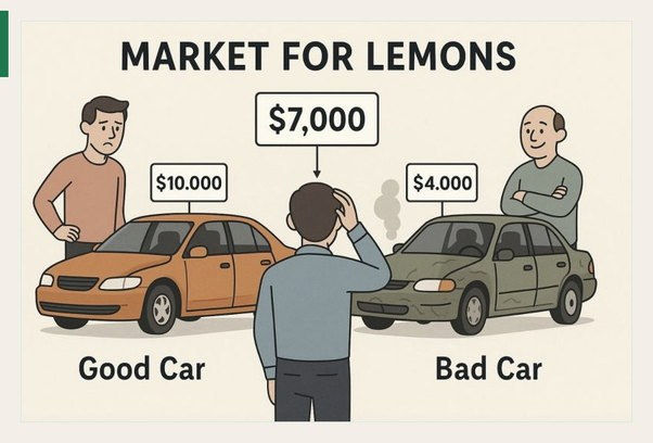 Illustration of a buyer unable to distinguish a good used car priced high from a bad one priced low.