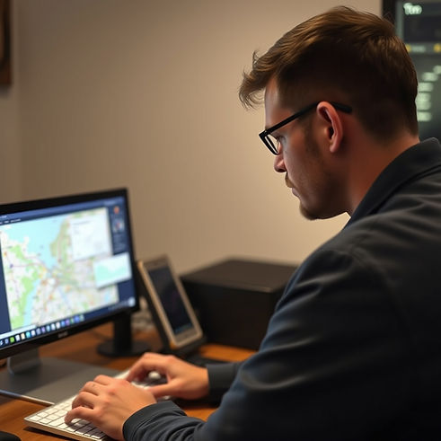 a man looking at gps uk tracking maps and data on his computer.jpg