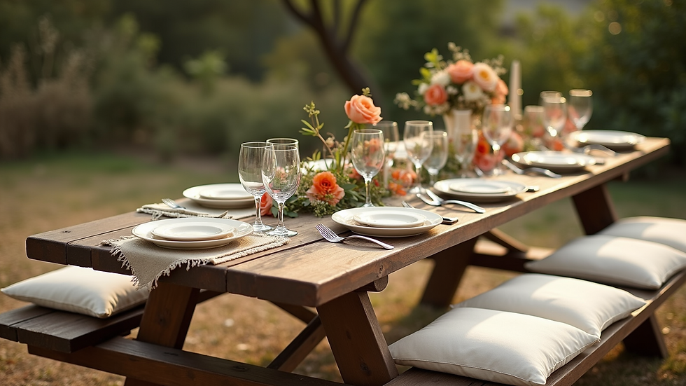 Close-up view of a beautifully arranged low picnic table with cushions and elaborate decor