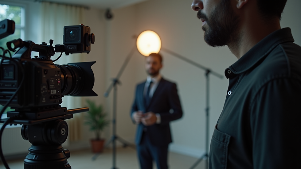 Close-up view of a camera filming an actor in a studio
