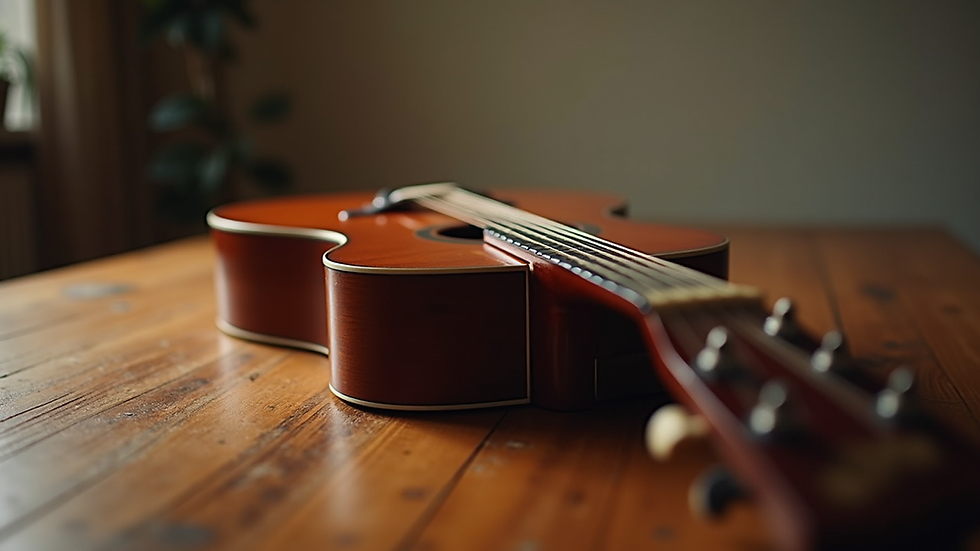 Eye-level view of an acoustic guitar resting on a wooden table