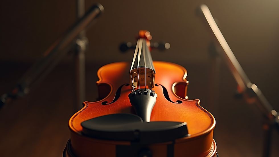 Eye-level view of violin resting on a music stand