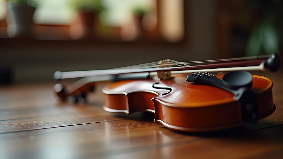 Close-up view of violin and bow on a wooden table