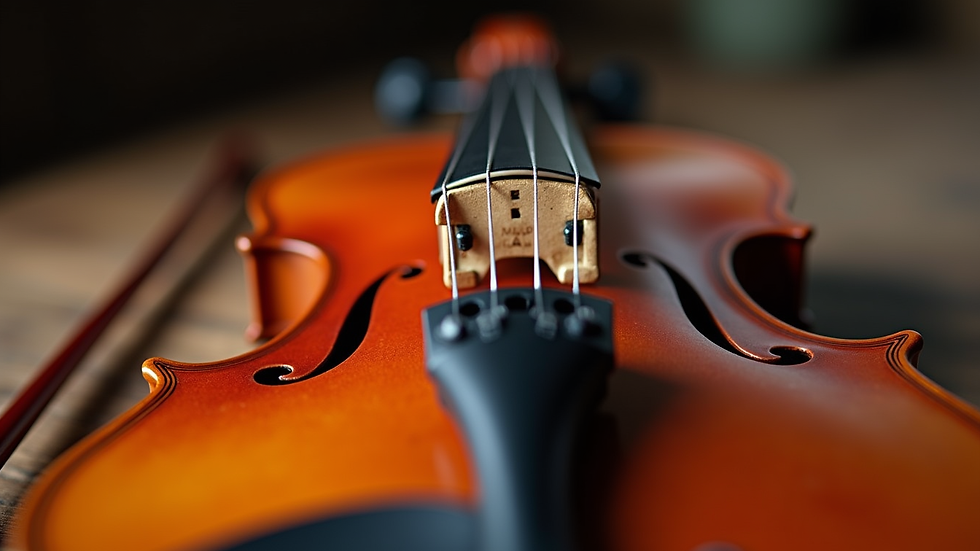 Close-up view of violin strings and bow on a wooden table