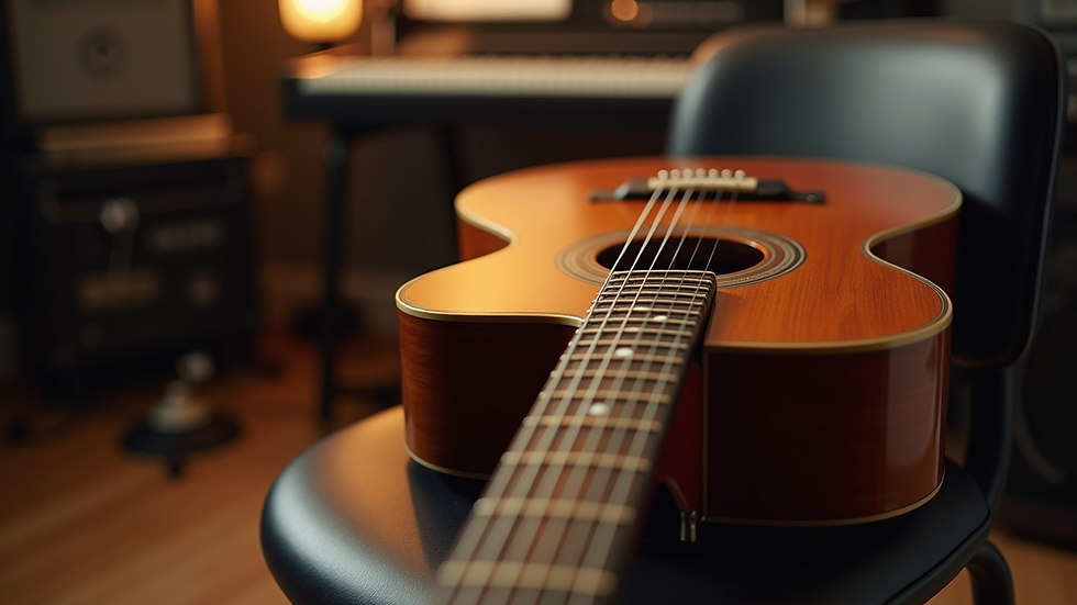 Close-up view of a guitar resting on a chair in a music studio