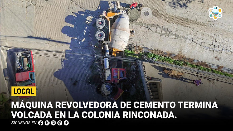 Máquina revolvedora de cemento termina volcada en la colonia Rinconada