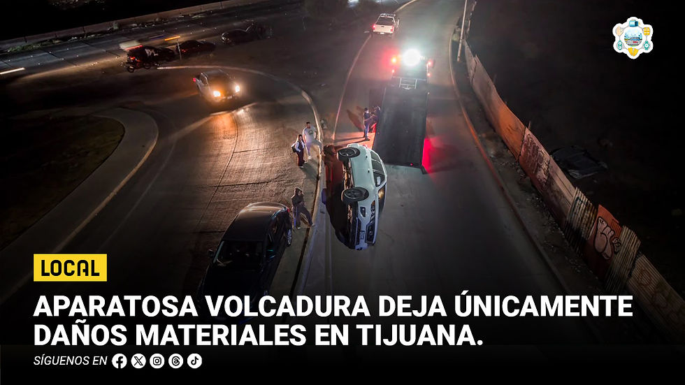 Aparatosa volcadura deja únicamente daños materiales en Tijuana