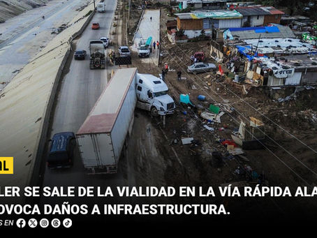 Tráiler se sale de la vialidad en la Vía Rápida Alamar y provoca daños a infraestructura