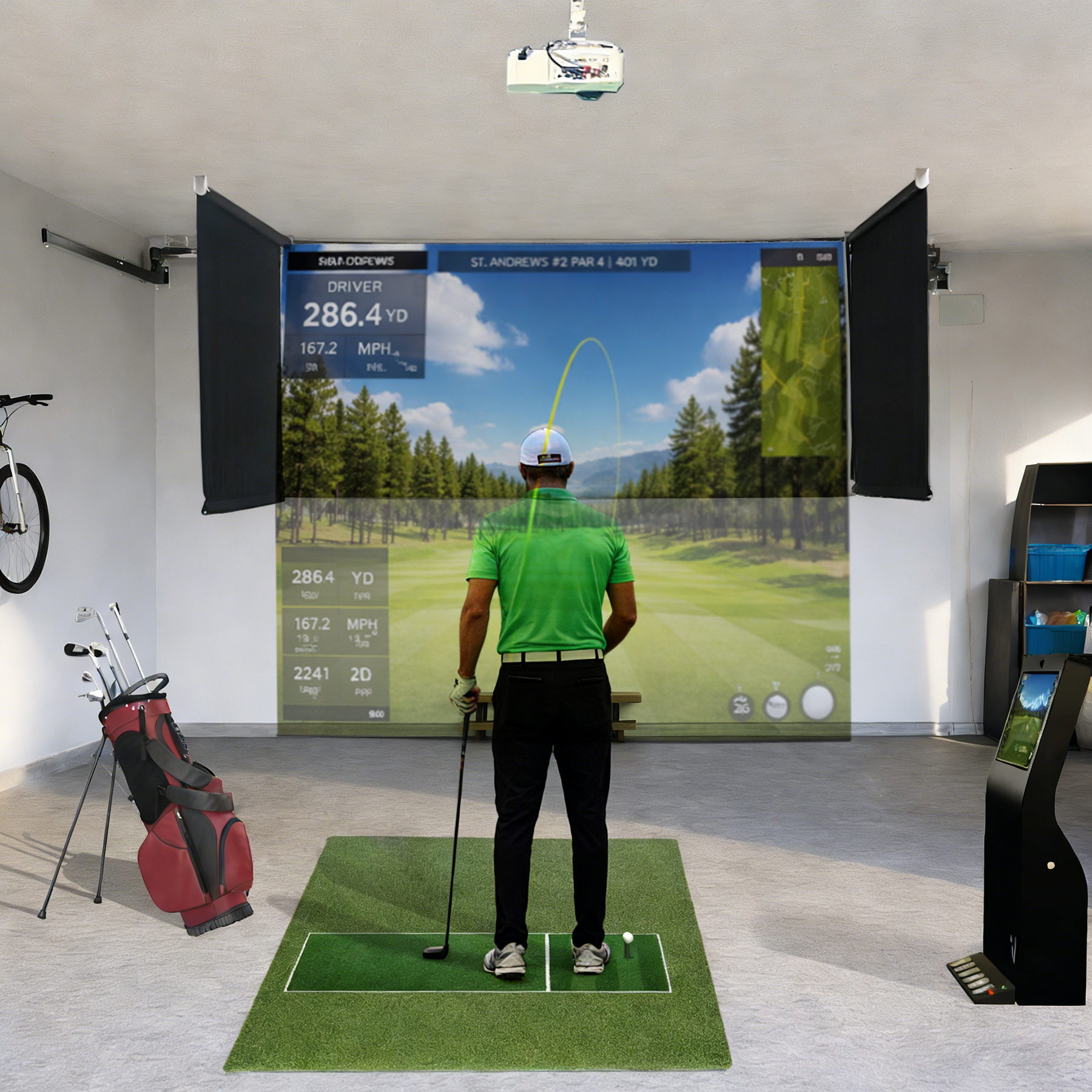 SkyDrop motorized golf simulator enclosure, ceiling-mounted retractable screen