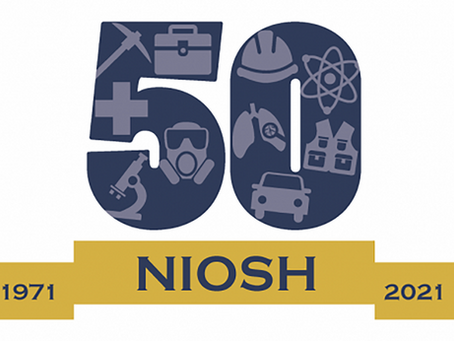 Blue "50" with safety icons and the text "NIOSH" on a gold banner. Dates "1971" and "2021" flank the banner, celebrating 50 years.
