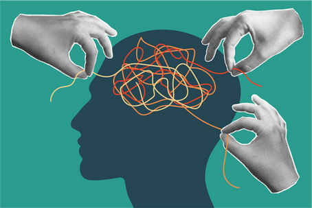 Silhouette of a head with tangled red and yellow lines inside, three hands untangling threads against a teal background, symbolizing mind clarity.