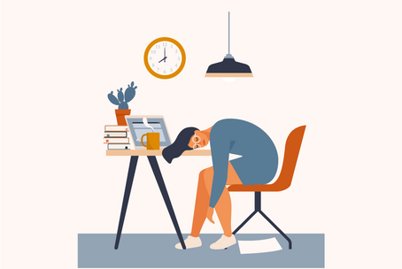 Person asleep at a desk, head on laptop. Books, mug, and cactus nearby. Clock shows time, light overhead. Scene is calm, colors are muted.