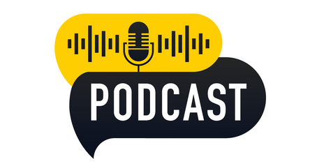 Microphone with sound waves on yellow background above "PODCAST" in bold white text on black, conveying audio media theme.