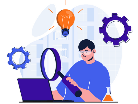 Person in blue holds magnifying glass at laptop. Orange lightbulb and purple gears hover, suggesting innovation. Lab flask nearby.