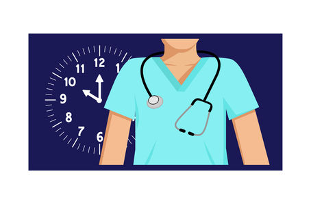 Nurse in blue scrubs with a stethoscope stands before a clock on a dark background, suggesting shiftwork.