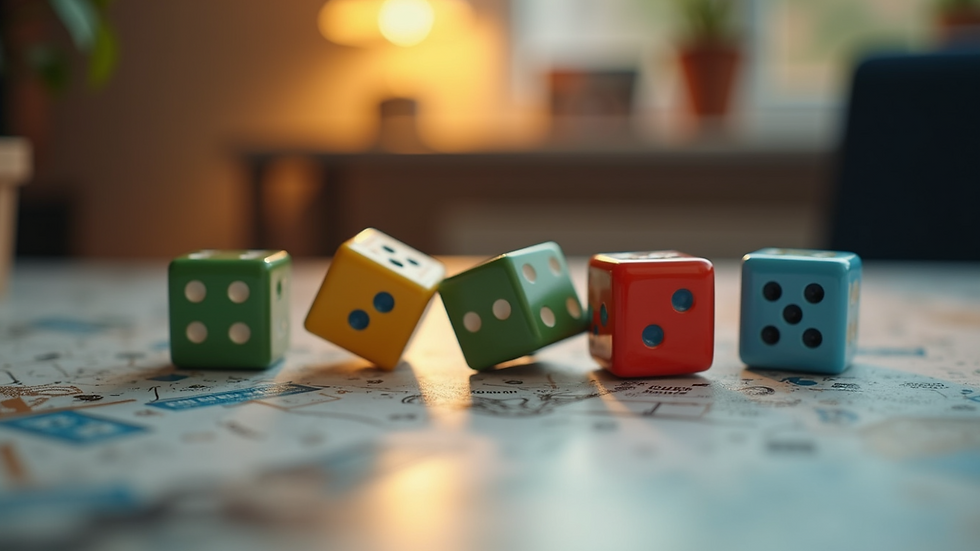 Eye-level view of colorful comic-style story dice arranged on a table