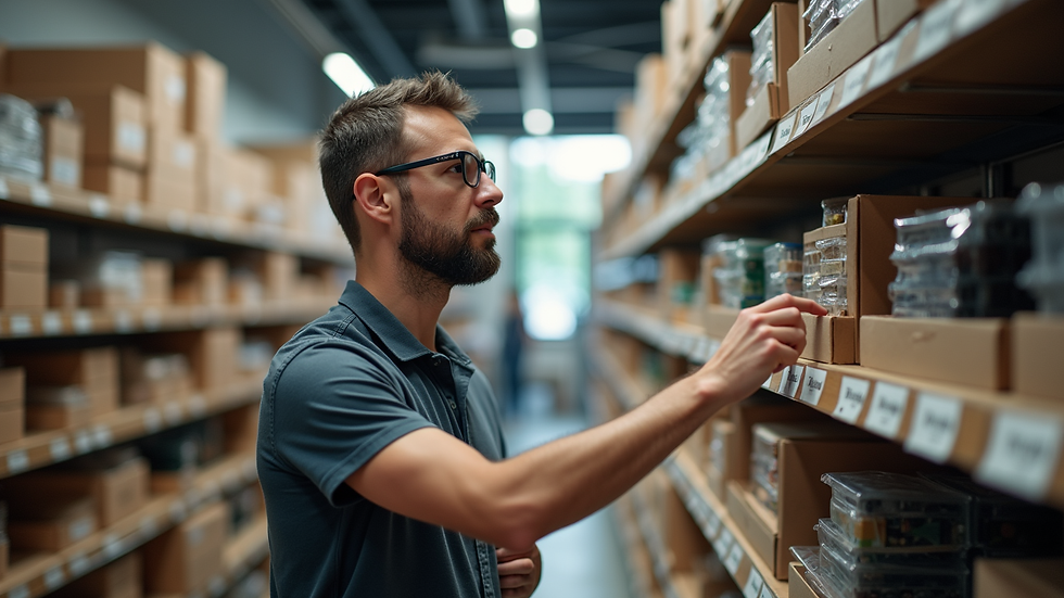 Close-up of a business owner checking inventory stock on shelves
