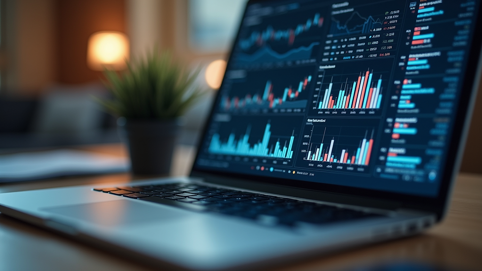 Eye-level view of a laptop screen showing financial graphs and charts