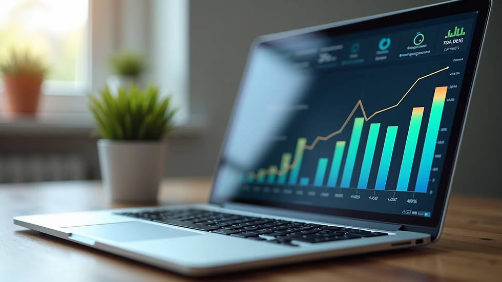 Close-up of a laptop screen showing bookkeeping software with financial charts