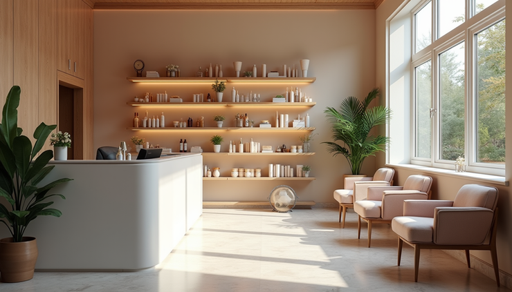 Eye-level view of a modern beauty salon reception area with organized shelves and welcoming decor