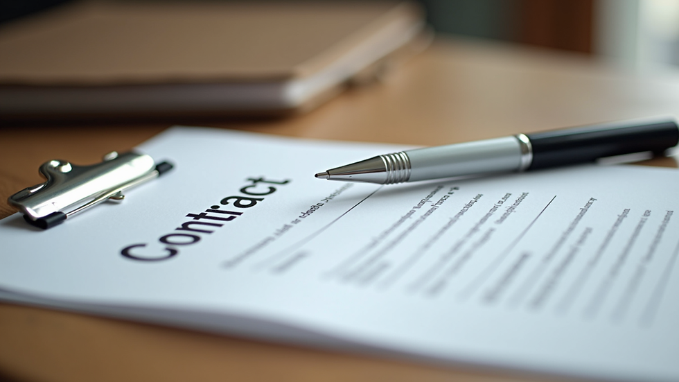 Close-up view of a contract and pen on a wooden table