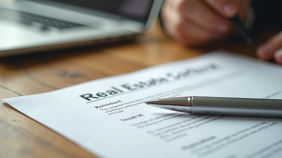 Close-up view of real estate contract and pen on wooden table