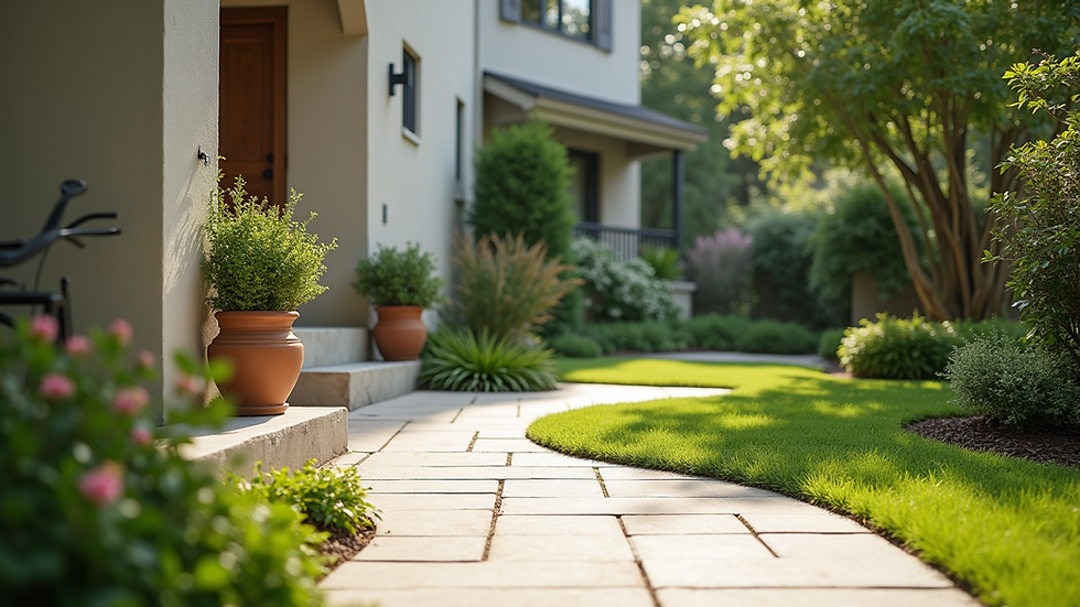 High angle view of a clean and well-maintained front yard with potted plants
