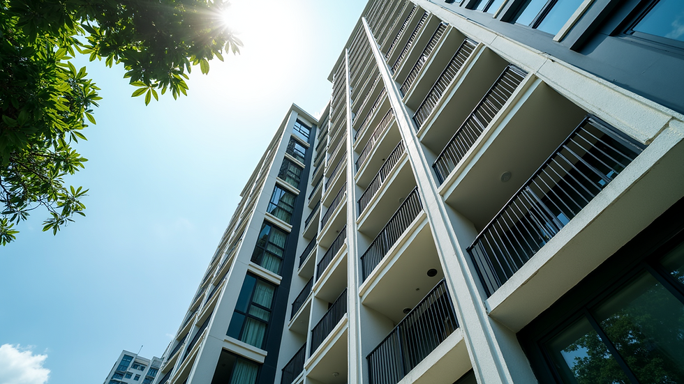 Eye-level view of modern condominium building in Thailand