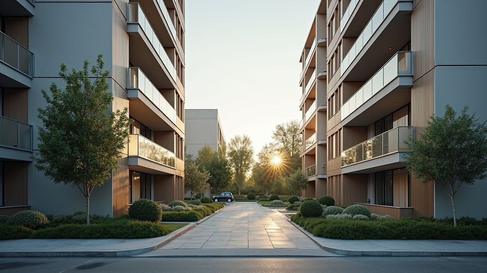 Eye-level view of a modern apartment building exterior