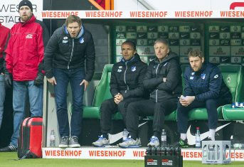 Trainer Julian Nagelsmann (TSG 1899 Hoffenheim), Co-Trainer Alfred Schreuder (TSG 1899 Hoffenheim), Co-Trainer Armin Reutershahn (TSG 1899 Hoffenheim) und Michael Rechner (TSG 1899 Hoffenheim) Bremen, 13.02.2016, 1.Fussball Bundesliga, Saison 15/16, SV Werder Bremen - TSG 1899 Hoffenheim, Foto: APF Veroeffentlichung nur gegen Honorar, zahlbar an - APF - Agentur fuer professionelle Fotografie - Hirschstr. 19, D-69168 Wiesloch, Tel:+49(0)6222-3180187, E-Mail:info@apf-online.de, web: http://www.apf-online.de