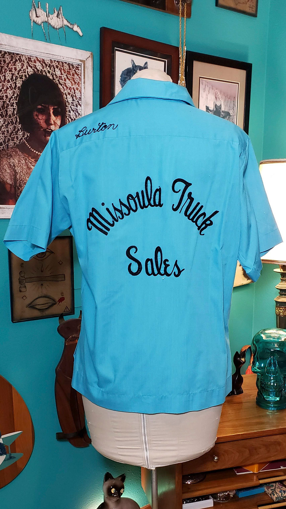 Thumbnail: 1960s King Louie Mens Black Blue Bowling Shirt Missoula Truck Sales Chain Stitch
