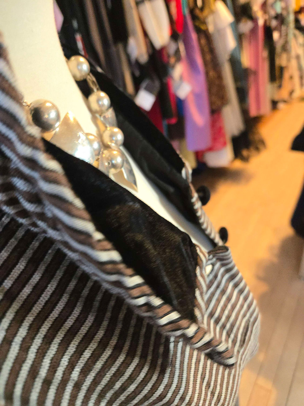 Thumbnail: VTG 1940s Button Front Brown Silver Banded Stripe Black Velvet Jacquard Dress 