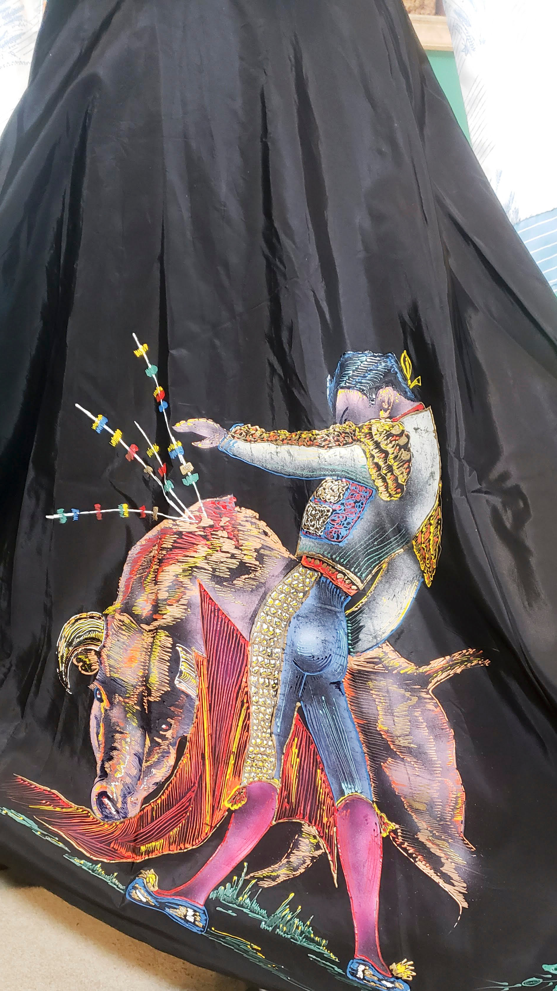 RARE! 1950s artist signed black acetate handpainted Mexican bullfighter skirt